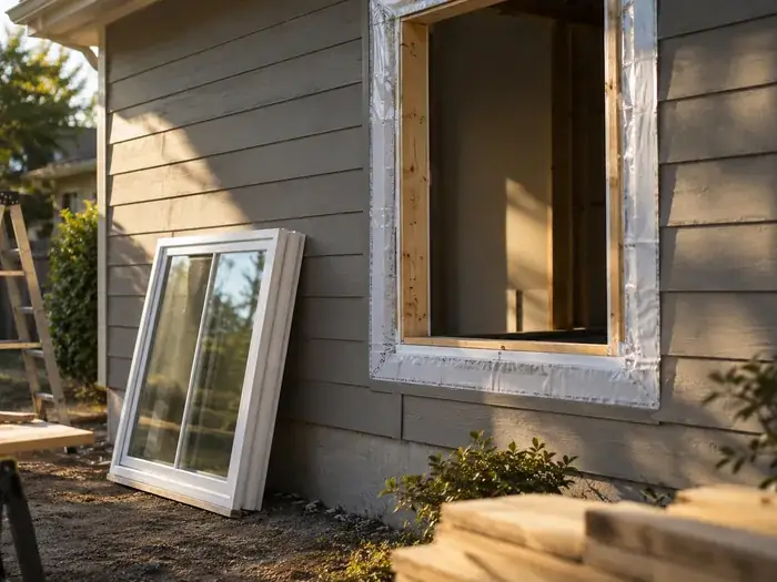A window opening with the old unit out, the flashing tape applied, and the new window resting against the wall, no people